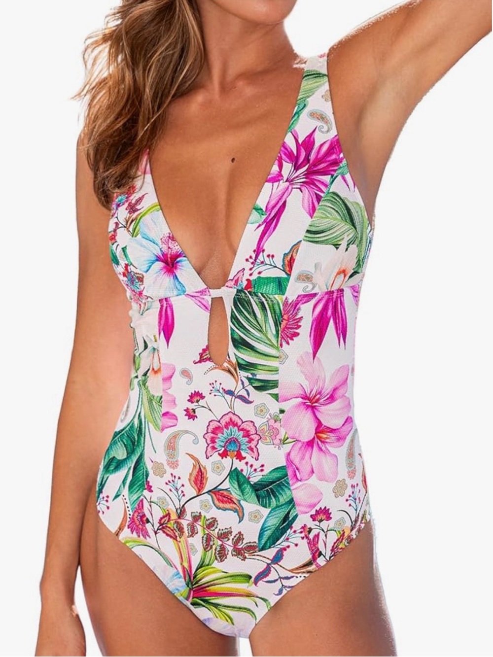 BNWT Cupshe White Tropical Floral Plunge One-Piece Swimsuit XL